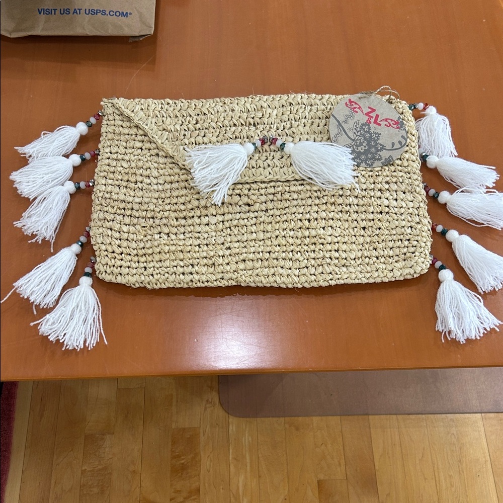 Fun Beige Woven Clutch with Tassels
